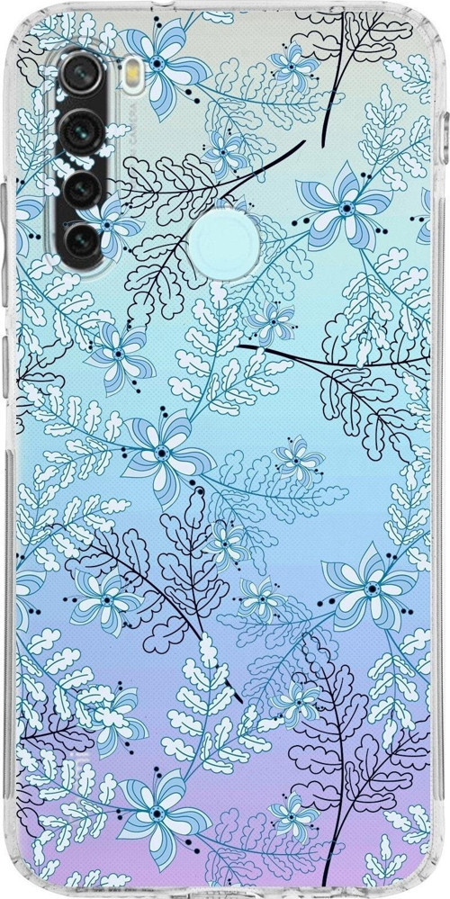 Xiaomi Redmi Note 8 Kamera Korumalı Kapak Floral Mavi Tasarımlı Şeffaf Kılıf
