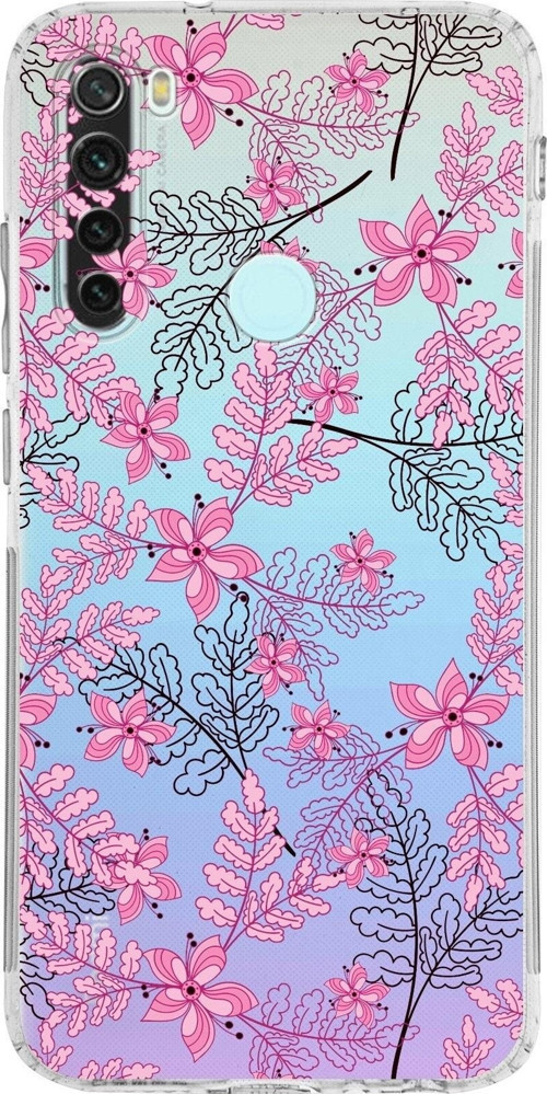 Xiaomi Redmi Note 8 Kamera Korumalı Kapak Floral Pembe Tasarımlı Şeffaf Kılıf