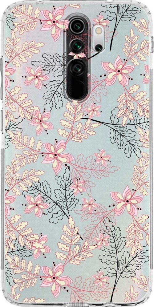 Xiaomi Redmi Note 8 Pro Kamera Korumalı Kapak Floral Kırmızı Tasarımlı Şeffaf Kılıf