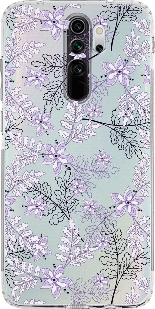 Xiaomi Redmi Note 8 Pro Kamera Korumalı Kapak Floral Lila Tasarımlı Şeffaf Kılıf
