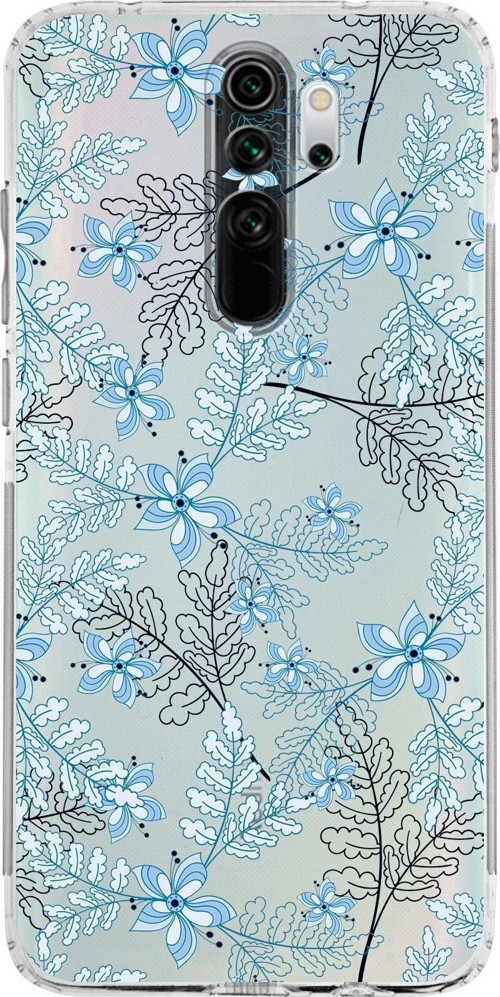 Xiaomi Redmi Note 8 Pro Kamera Korumalı Kapak Floral Mavi Tasarımlı Şeffaf Kılıf