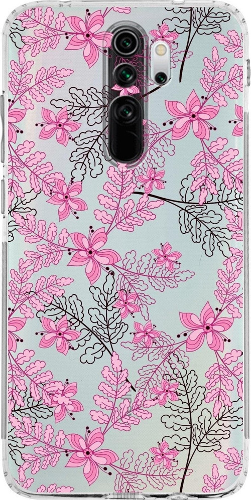 Xiaomi Redmi Note 8 Pro Kamera Korumalı Kapak Floral Pembe Tasarımlı Şeffaf Kılıf
