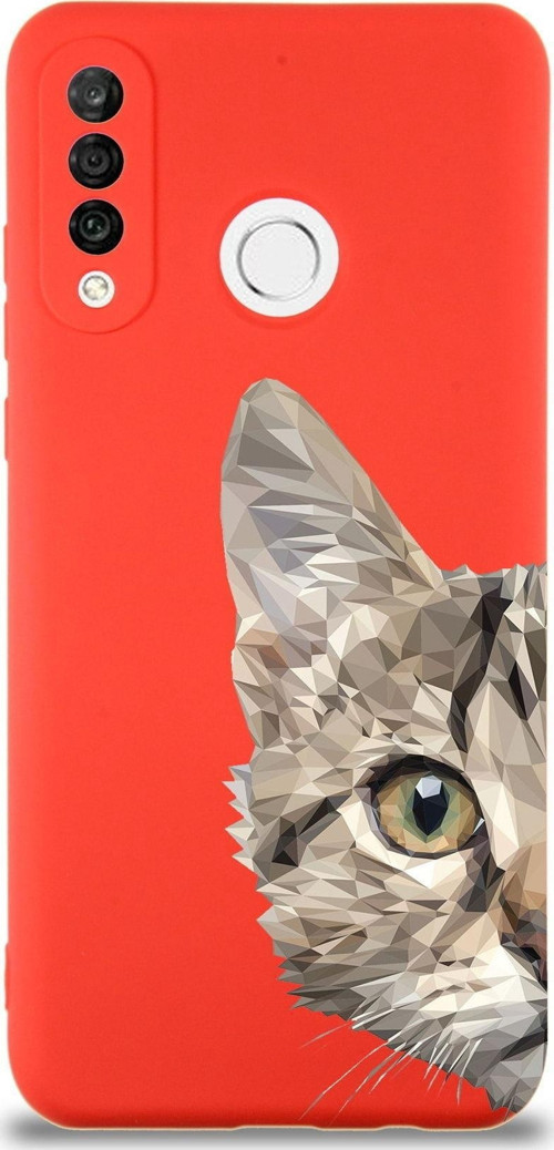 Huawei P 30 Lite Uyumlu Lansman Kılıf Catface Tasarımlı Içi Kadife Kırmızı Kapak