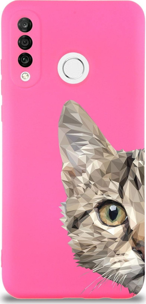 Huawei P 30 Lite Uyumlu Lansman Kılıf Catface Tasarımlı Içi Kadife Neon Pembe Kapak