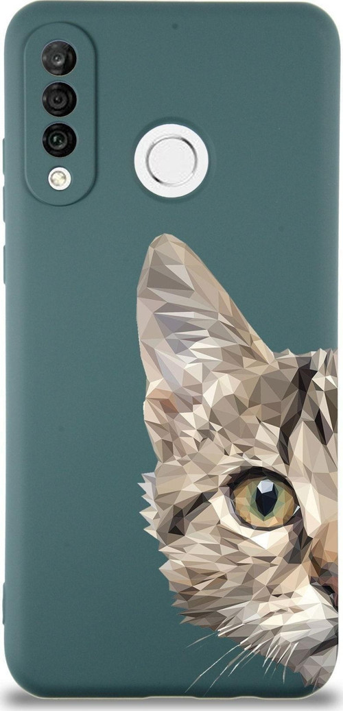 Huawei P 30 Lite Uyumlu Lansman Kılıf Catface Tasarımlı Içi Kadife Yeşil Kapak
