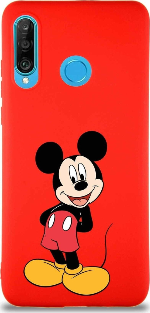 Huawei P30 Lite Soft Premier Kapak Mickey Mouse-B Tasarımlı Silikon Kılıf - Kırmızı