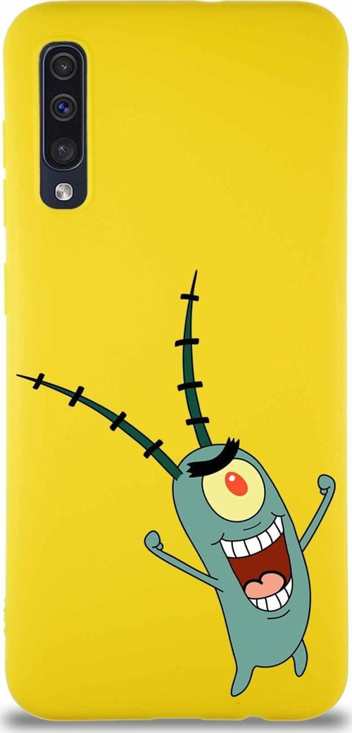 Samsung Galaxy A50 Soft Premier Kapak Plankton Tasarımlı Silikon Kılıf - Sarı
