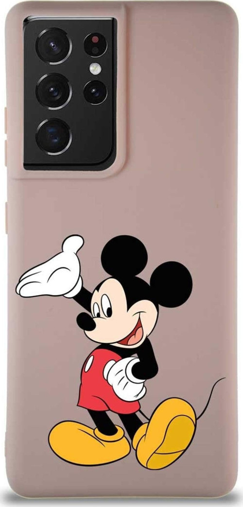 Samsung Galaxy S21 Ultra Soft Premier Kapak Mickey Mouse-C Tasarımlı Silikon Kılıf - Pudra