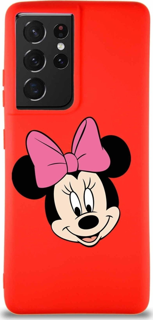 Samsung Galaxy S21 Ultra Soft Premier Kapak Minnie Mouse-C Tasarımlı Silikon Kılıf - Kırmızı