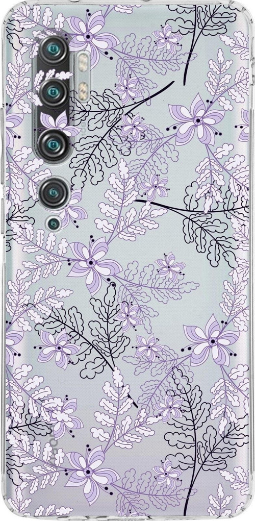 Xiaomi Mi Note 10 Kamera Korumalı Kapak Floral Lila Tasarımlı Şeffaf Kılıf