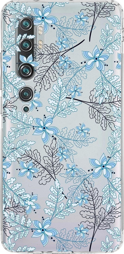 Xiaomi Mi Note 10 Kamera Korumalı Kapak Floral Mavi Tasarımlı Şeffaf Kılıf