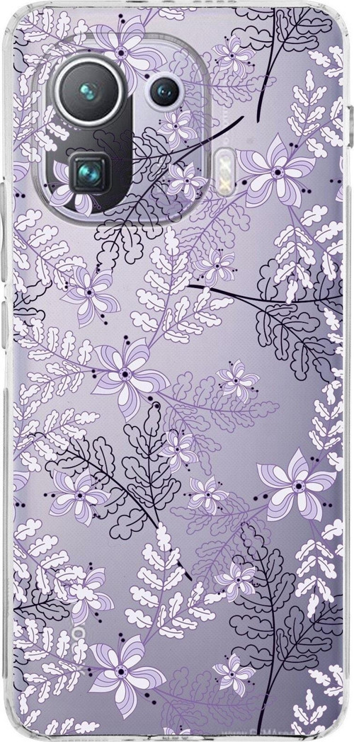 Xiaomi Mi 11 Pro Kamera Korumalı Kapak Floral Lila Tasarımlı Şeffaf Kılıf