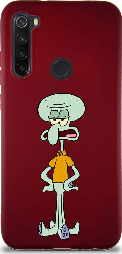 Xiaomi Redmi Note 8 Soft Premier Kapak Squidward Dokunaç Tasarımlı Silikon Kılıf - Mürdüm