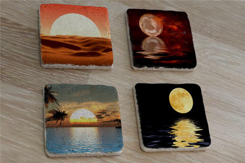Ay ve Gün Batımı Manzaralar Doğal Taş Bardak Altlığı 4'lü set - Natural Stone Coasters