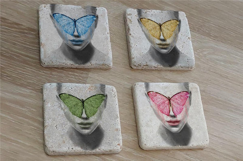 Kelebek Maskeli Kadın Doğal Taş Bardak Altlığı 4'lü set - Natural Stone Coasters