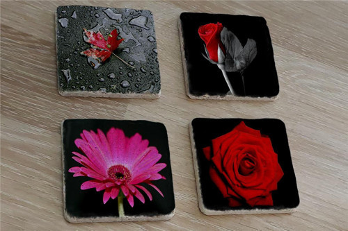 Kırmızı Gül ve Gerbera Doğal Taş Bardak Altlığı 4'lü set - Natural Stone Coasters