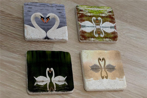 Kuğular Doğal Taş Bardak Altlığı 4'lü set - Natural Stone Coasters