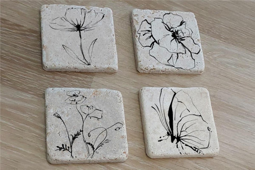 Line Art Çiçek ve Kelebek Doğal Taş Bardak Altlığı 4'lü set - Natural Stone Coasters