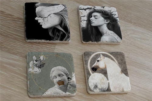 Tasarım Heykel At ve Kadın Portreler Doğal Taş Bardak Altlığı 4'lü set - Natural Stone Coasters