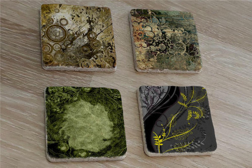 Yeşil Soyut Tasarımlar Doğal Taş Bardak Altlığı 4'lü set - Natural Stone Coasters