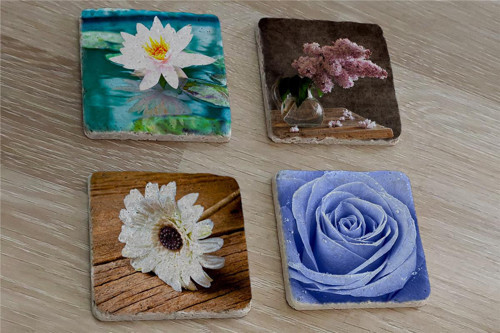 Mavi Gül ve Çiçekler Doğal Taş Bardak Altlığı 4'lü set - Natural Stone Coasters