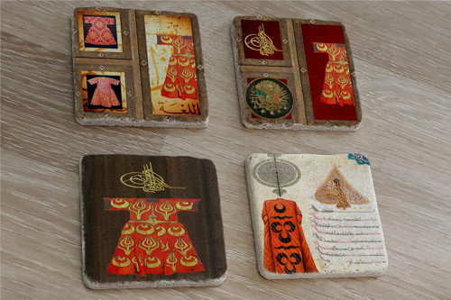 Padişah Kaftanları Ferman ve Tuğra Doğal Taş Bardak Altlığı 4'lü set - Natural Stone Coasters