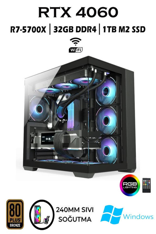 TC6 Ryzen 7 5700X 32GB 1TB M.2 SSD RTX4060 8GB Sıvı Soğutmalı Masaüstü Oyuncu Bilgisayarı Hazır Sistem