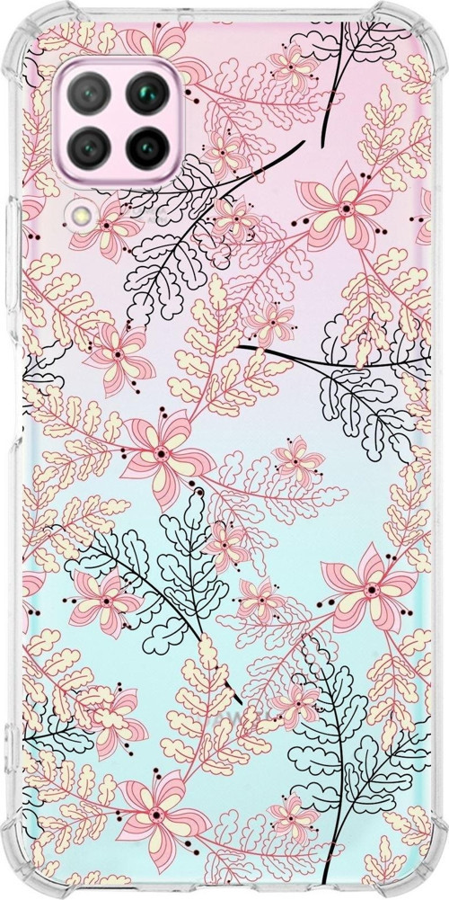 Huawei P40 Lite Köşe Korumalı Antişok Kapak Floral Kırmızı Tasarımlı Şeffaf Kılıf