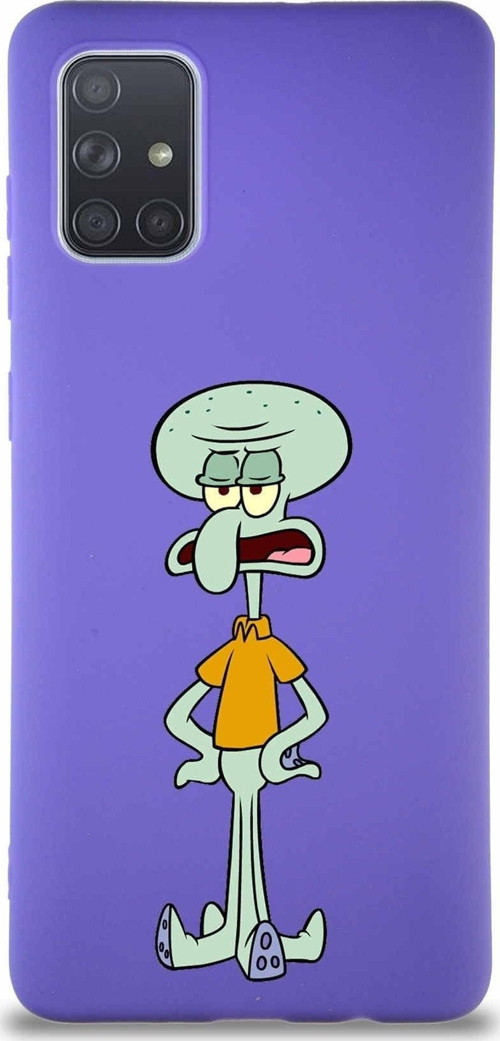 Samsung Galaxy A71 Soft Premier Kapak Squidward Dokunaç Tasarımlı Silikon Kılıf - Mor