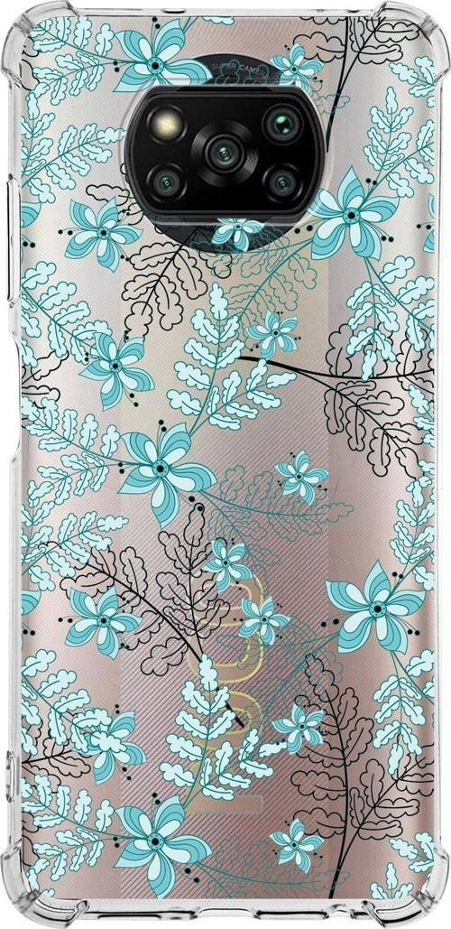 Xiaomi Poco X3 Pro Köşe Korumalı Antişok Kapak Floral Su Yeşili Tasarımlı Şeffaf Silikon Kılıf