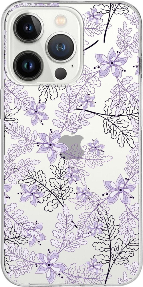 Iphone 13 Promax Uyumlu Kapak Floral Lila Tasarımlı Şeffaf Silikon Kılıf