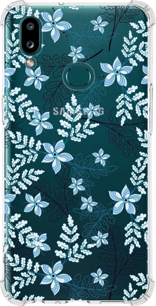 Samsung Galaxy A10S Uyumlu Köşe Korumalı Antişok Kapak Floral Mavi Tasarımlı Şeffaf Kılıf