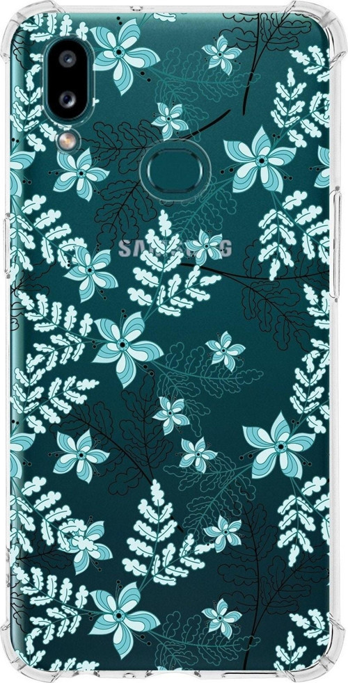 Samsung Galaxy A10S Uyumlu Köşe Korumalı Antişok Kapak Floral Su Yeşili Tasarımlı Şeffaf Kılıf