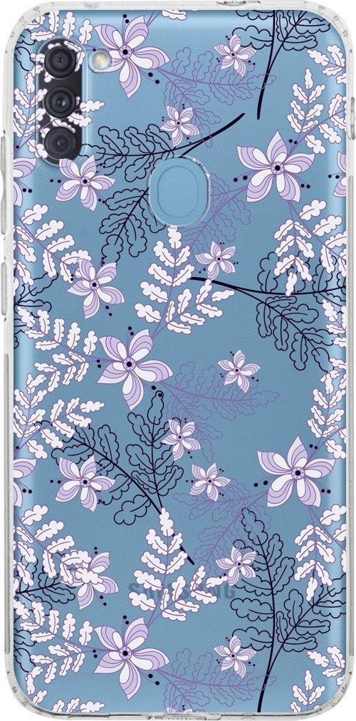Samsung Galaxy A11 Kamera Korumalı Kapak Floral Lila Tasarımlı Şeffaf Kılıf