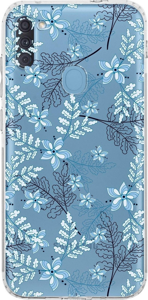 Samsung Galaxy A11 Kamera Korumalı Kapak Floral Mavi Tasarımlı Şeffaf Kılıf