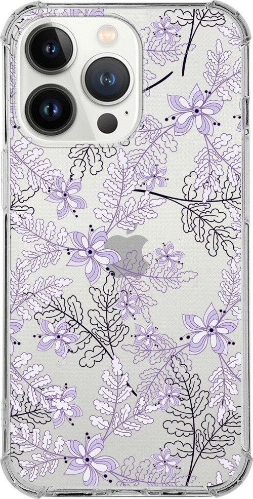 Iphone 13 Pro Max Uyumlu Köşe Korumalı Antişok Kapak Floral Lila Tasarımlı Şeffaf Kılıf