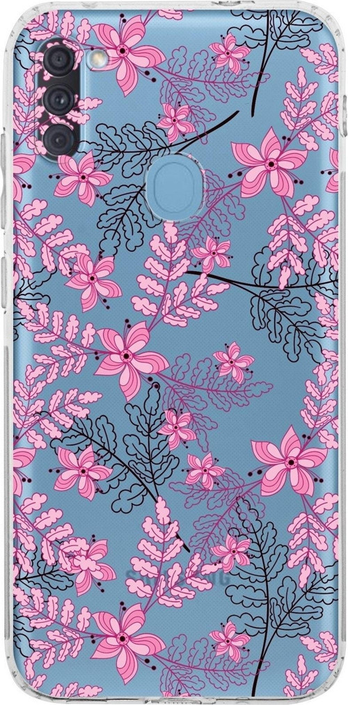Samsung Galaxy A11 Kamera Korumalı Kapak Floral Pembe Tasarımlı Şeffaf Kılıf