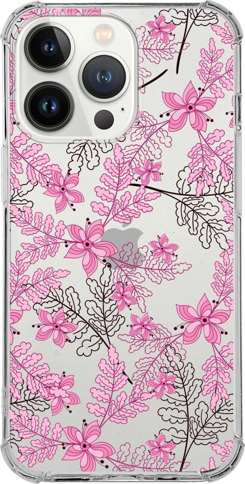 Iphone 13 Pro Max Uyumlu Köşe Korumalı Antişok Kapak Floral Pembe Tasarımlı Şeffaf Kılıf