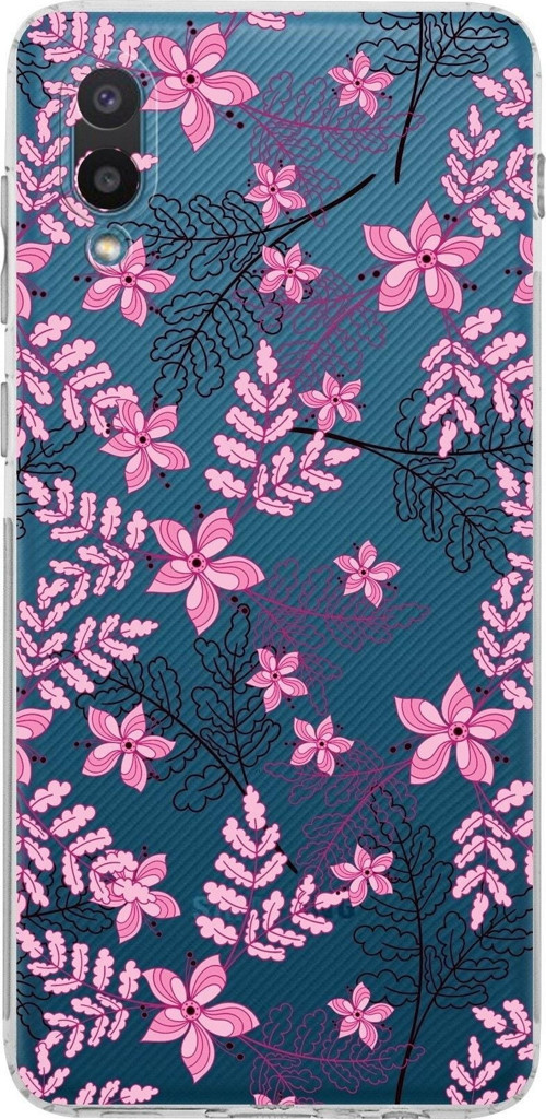 Samsung Galaxy A02 Kamera Korumalı Kapak Floral Pembe Tasarımlı Şeffaf Kılıf