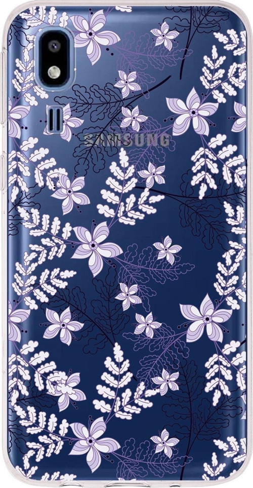 Samsung Galaxy A2 Core Uyumlu Kapak Floral Lila Tasarımlı Şeffaf Silikon Kılıf