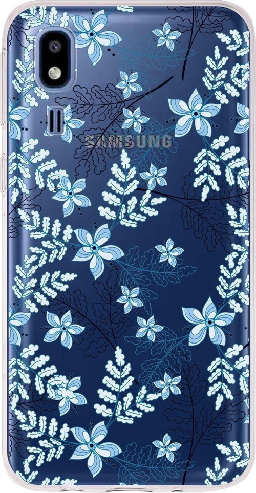 Samsung Galaxy A2 Core Uyumlu Kapak Floral Mavi Tasarımlı Şeffaf Silikon Kılıf
