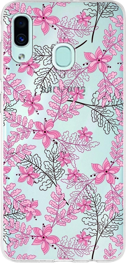 Samsung Galaxy A30 Uyumlu Kapak Floral Pembe Tasarımlı Şeffaf Silikon Kılıf