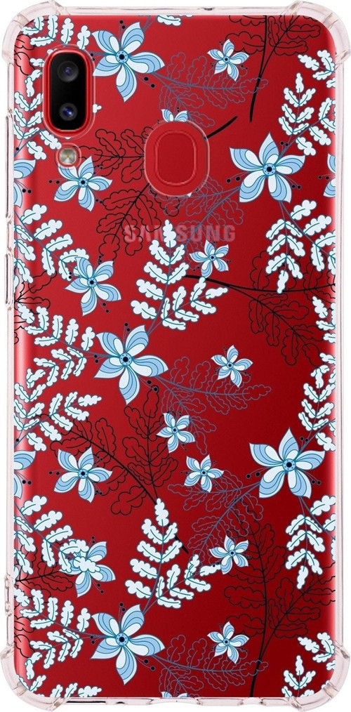 Samsung Galaxy A30 Uyumlu Köşe Korumalı Antişok Kapak Floral Mavi Tasarımlı Şeffaf Kılıf