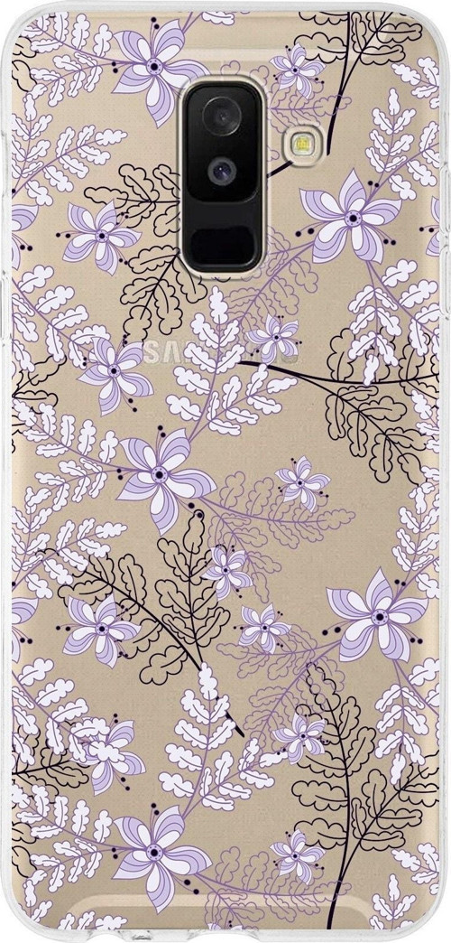 Samsung Galaxy A6 Plus (2018) Uyumlu Kapak Floral Lila Tasarımlı Şeffaf Silikon Kılıf