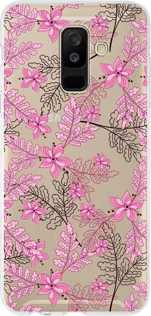 Samsung Galaxy A6 Plus (2018) Uyumlu Kapak Floral Pembe Tasarımlı Şeffaf Silikon Kılıf