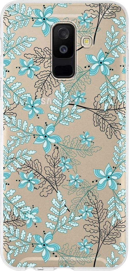 Samsung Galaxy A6 Plus (2018) Uyumlu Kapak Floral Su Yeşili Tasarımlı Şeffaf Silikon Kılıf
