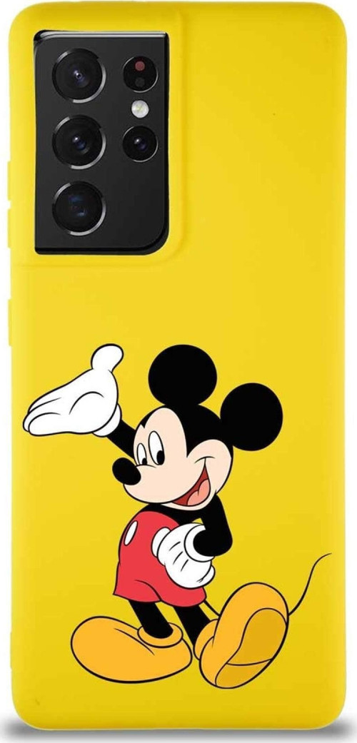Samsung Galaxy S21 Ultra Soft Premier Kapak Mickey Mouse-C Tasarımlı Silikon Kılıf - Sarı