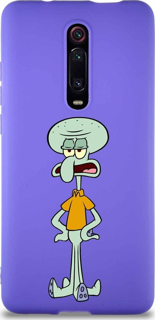 Xiaomi Mi 9T Soft Premier Kapak Squidward Dokunaç Tasarımlı Silikon Kılıf - Mor
