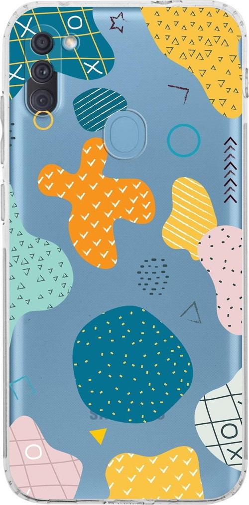 Samsung Galaxy A11 Kamera Korumalı Kapak Geometrik Şekiller Tasarımlı Şeffaf Kılıf