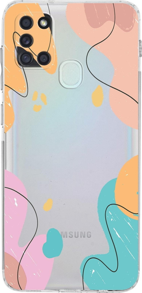Samsung Galaxy A21S Kamera Korumalı Kapak Karışık Renkler Tasarımlı Şeffaf Kılıf
